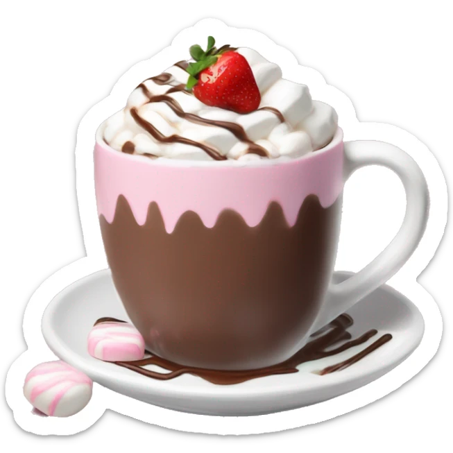 hot chocolate with mug and whip cream and chocolate drizzle and pale pink strawberry and marshmellows sticker