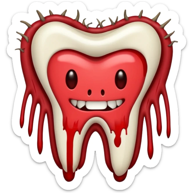 Minimalist emoji-style sticker of a pulled tooth with roots and a smear of blood at the base. Black and desaturated red colors. Flat, clean outline on white.
 sticker