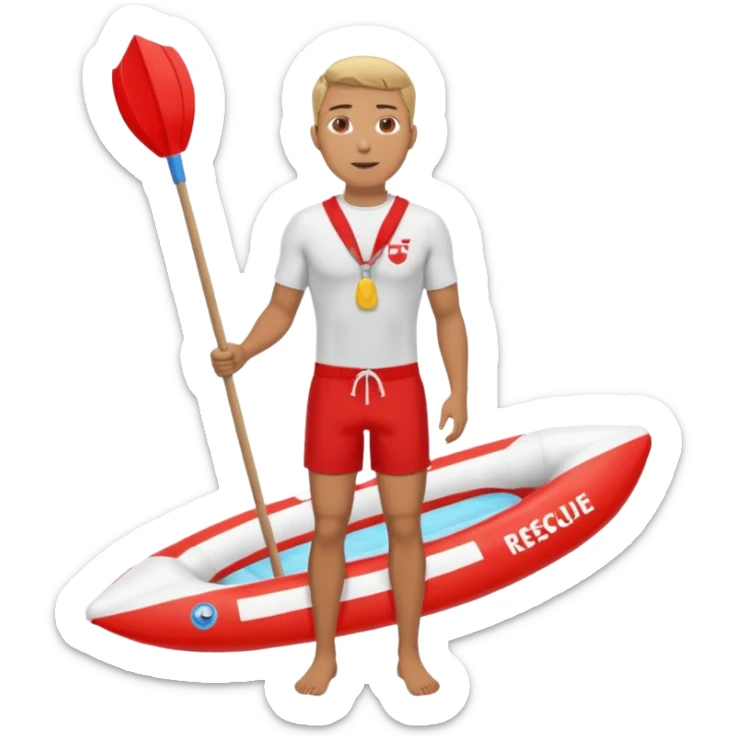 Male lifeguard – red shorts, whistle around neck, holding rescue float, full body sticker