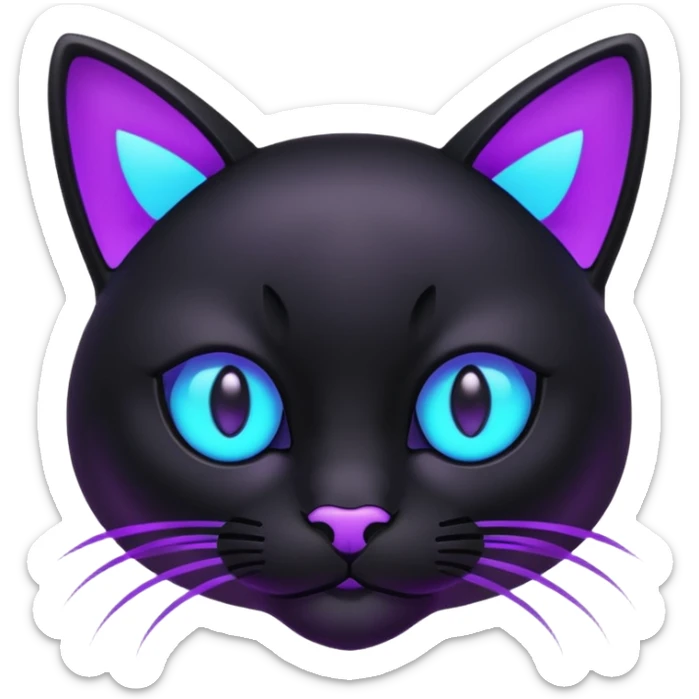 futuristic glowing black cat emoji, neon cyan eyes, purple #8B5CF6 highlights, tech minimal style, dark background sticker