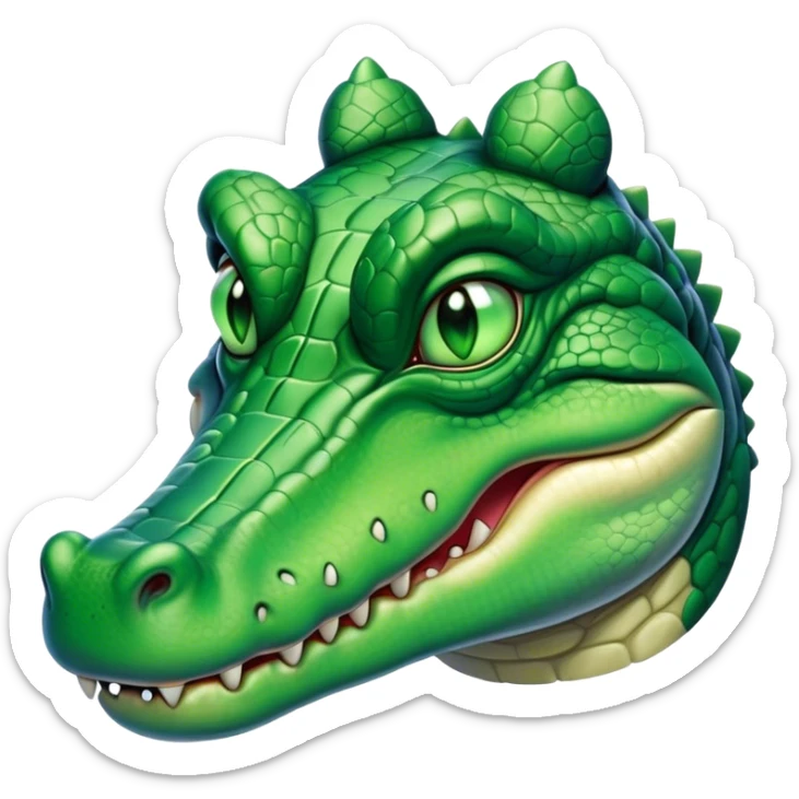 Cinematic Noble Crocodile Portrait Emoji, Poised and regal, with a powerful, elongated build and a rugged, scaly emerald-green hide, piercing cold eyes, Simplified yet sharp and sophisticated features, highly detailed, glowing with a soft, dignified glow, high shine, intelligent and formidable, stylized with an air of ancient might, focused and attentive, soft glowing outline, capturing the essence of a watchful and commanding reptile, so majestic it feels as though it could silently slide out of the screen with effortless authority! sticker