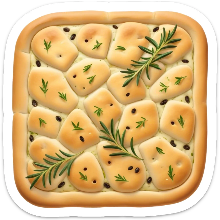 Focaccia Cinematic Realistic Focaccia Bread Dish Emoji, depicted as a golden, olive-oil brushed flatbread sprinkled with herbs, rendered with lifelike textures and warm, inviting lighting. sticker