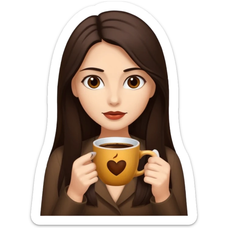 Straight Dark Brown long haired sexy woman with dark brown eyes with cup of coffee sticker