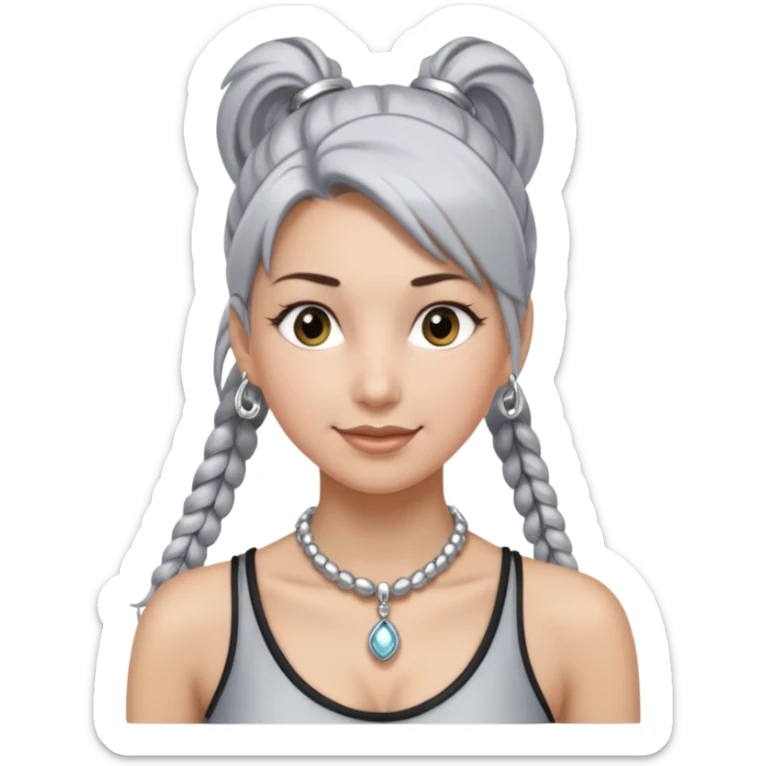 Female with very long + big Silver Necklace, grey skin,ponytail hair, more bright silver,highlight necklace, different expressions. sticker