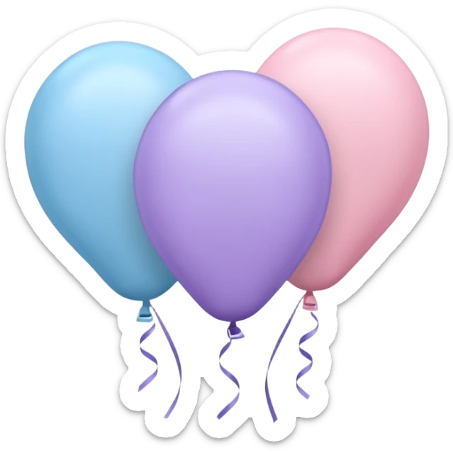 Three balloons emoji, each of the balloon's color is light pastel blue, pastel pink, and pastel purple. IOS emoji style. sticker