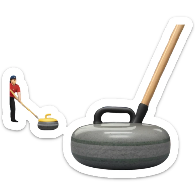 An icon showing a detailed close-up of a curling stone sliding across the ice, with a broom in motion beside it. The background features an indoor stadium with cheering spectators on the stands. Transparent background captures the strategy and focus of curling. sticker