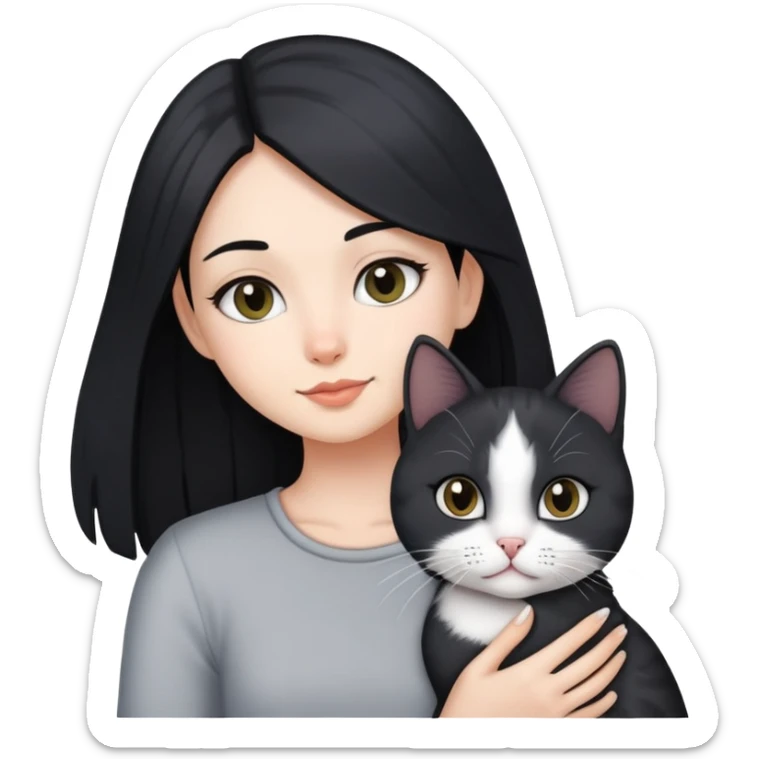 Girl with long black hair holding white and black and grey shorthair cat sticker
