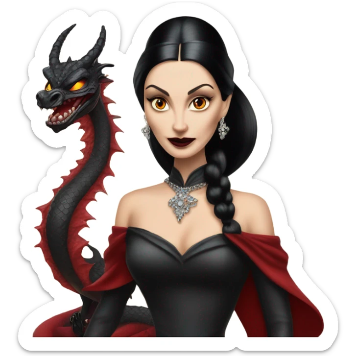 painting Lavish Victorian evening gown, young Morticia Addams Jedi wearing a mini tiara, riding on the back of a very large blood red evil-looking fire-spewing horned dragon sticker