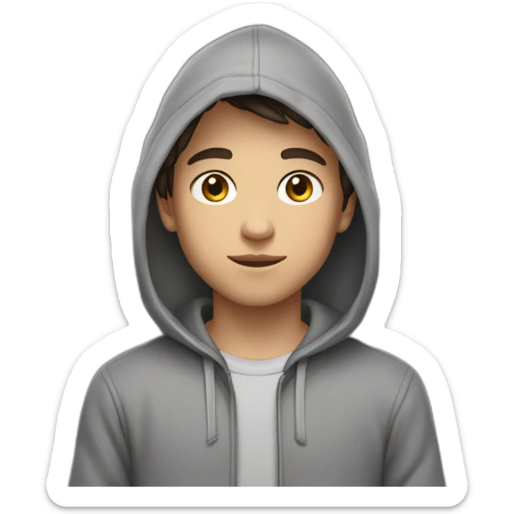a 14 years boy , with a short dark brown hair , and brown eyes , and light skin , wearing a grey hoodie sticker