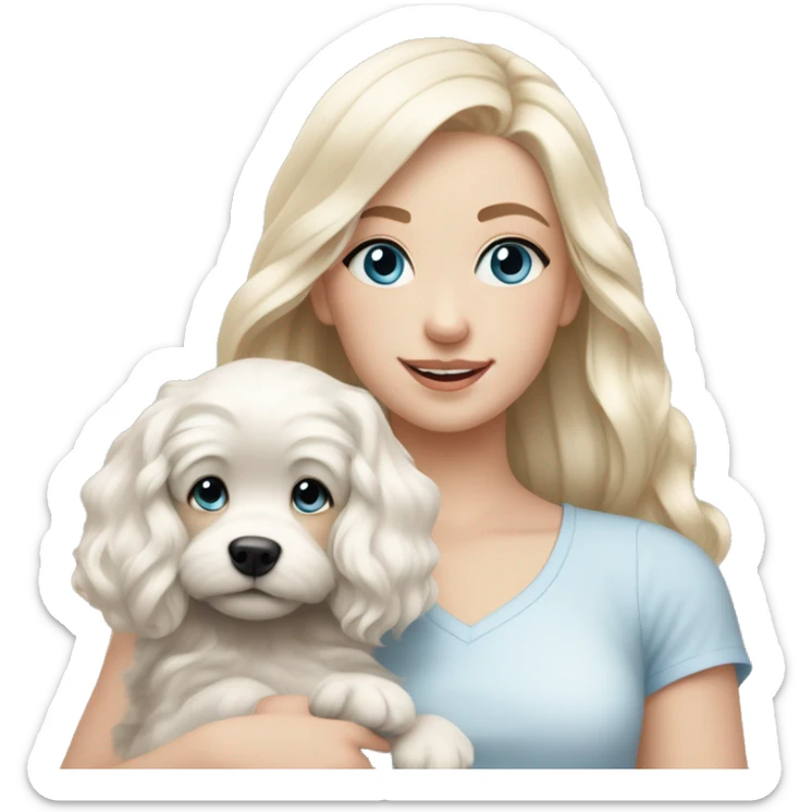 pale blonde girl with long platinum white wavy hair with blue eyes and wearing a light pink shirt holding a black and white haired puppy sticker