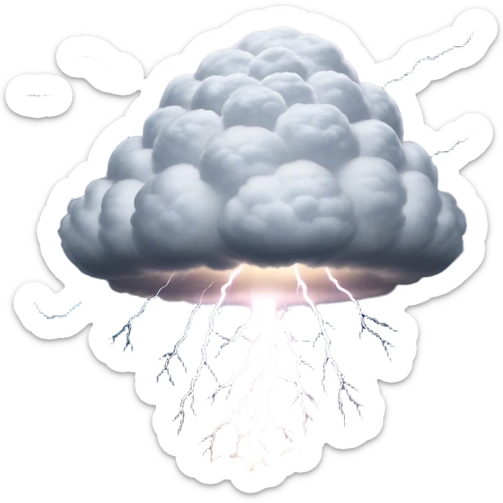 Cinematic Realistic Cumulonimbus Emoji, Towering and imposing, with dark, dramatic clouds reaching up into the sky in a billowing formation. Lightning flickers within, and the atmosphere is charged with energy, signaling a powerful storm ahead. Soft glowing outline, capturing the essence of raw power, intensity, and nature’s fury in a mighty cumulonimbus cloud! sticker