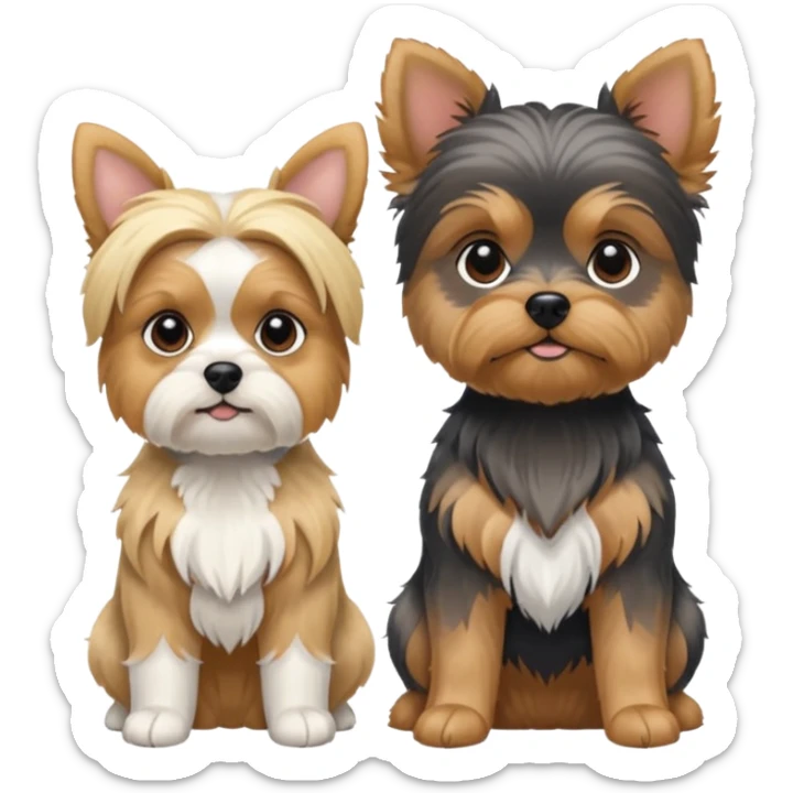 Generate a blue and tan purebred yorkie with a blonde shi tzu yorkie mix with floppy ears sitting next to each other. Make them the same size sticker