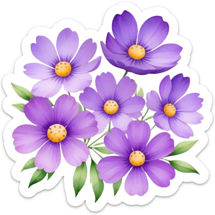 "A collection of delicate purple flowers in a soft watercolor style." sticker
