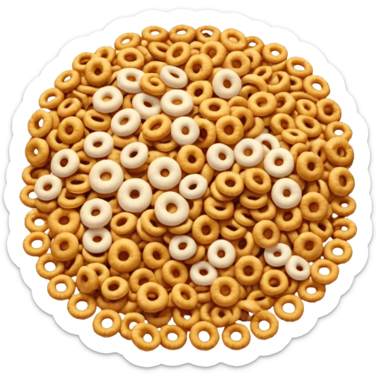 shallow pile of puffed breakfast cereal grains with varied shapes (rings, pillows, or flakes), golden brown tones, crisp and lightly textured, soft lighting, subtle shadows, emoji scale sticker