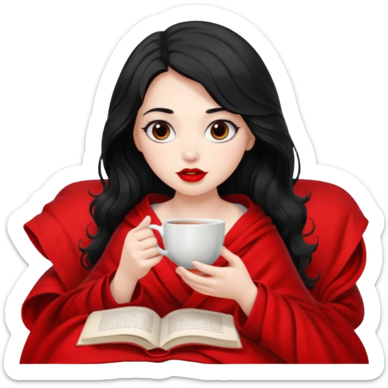 Long wavy Black haired, white skinned, dark big eyed girl with red lipstick wrapped in a blanket, sipping tea and reading a book sticker