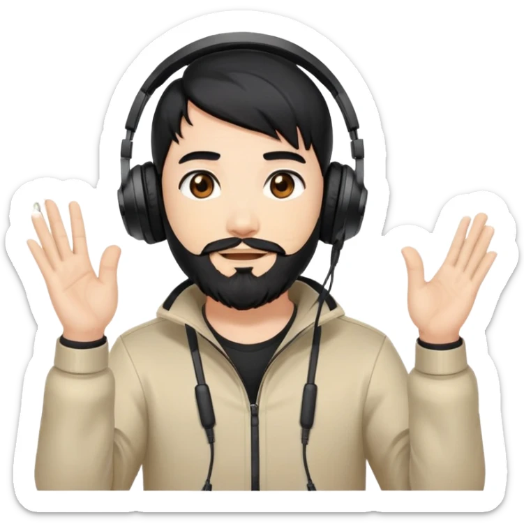 Anime style man with black hair, brown eyes, and black beard wearing gaming headset and applauding, anime art style sticker