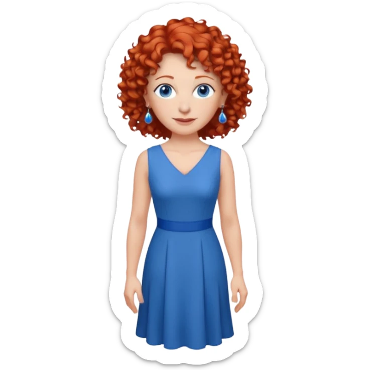 una profesora mayor simpática con el pelo rojo rizado, ojos azules, vestido azul y pendientes azules hablando altura completa sticker