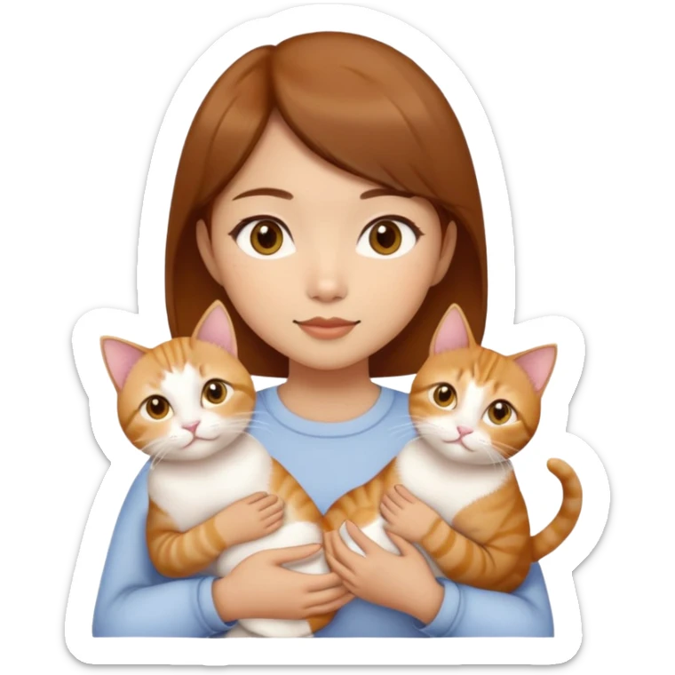 Asian girl, brown hair, brown eyes skin tone almond holding three cats one ginger, one yellow white one British short hair cream colour sticker
