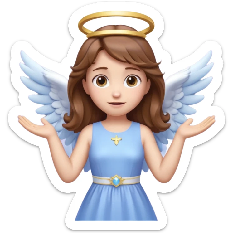 Cute 3D angel emoji, brown hair, glowing halo, small blue-white wings, pastel purple dress, hands raised, big expressive eyes, soft lighting, glossy texture, Pixar style, high detail sticker