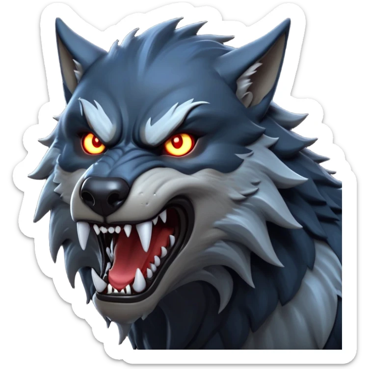 cinematic-noble-fierce-werewolf-head-close-up-emoji, poised-and-imposing, with a fierce wolfish face featuring glowing eyes full of primal ferocity, sharp, elongated fangs and a rugged snout, fur rippling in shades of midnight black and silver, muscles tensed and hunched over in an intense, threatening stance; rendered with realism, capturing the raw, untamed power of the beast beneath the moonlit sky sticker