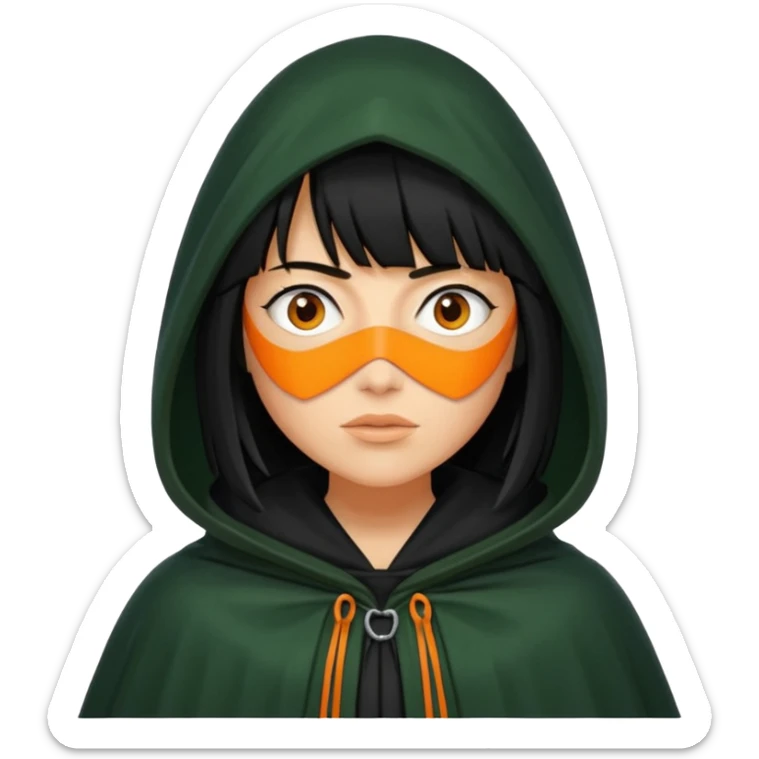 traitor tv show, person wearing dark green cloak with hood up who looks like claudia winkleman orange skin tone and thick black fringe sticker