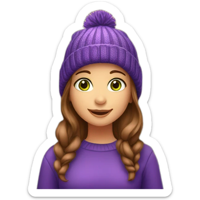 Girl with brown hair and green eyes in front of beautiful Christmas tree in new york city celebrating christmas and wearing a purple beanie sticker