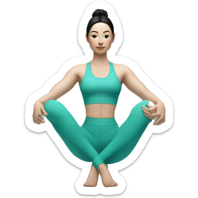 Pale skinned fit woman In a turquoise tight yoga suit and wristbands With black hair over her shoulders doing yoga sticker