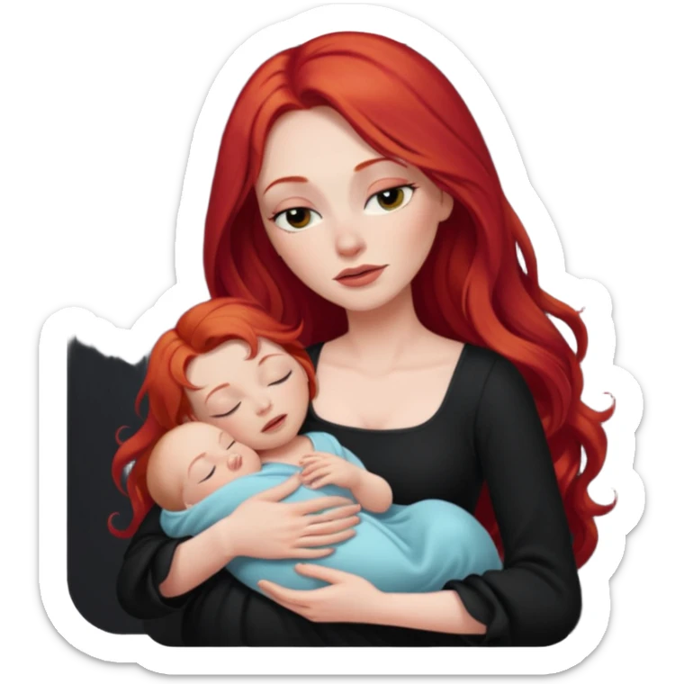 White woman in black dress with long red hair and makeup holding one sleeping baby sticker