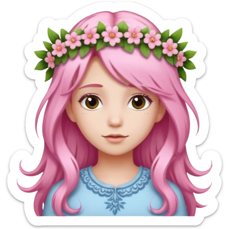 A girl with long light pink hair, wearing a matching pink floral wreath in her hair. sticker