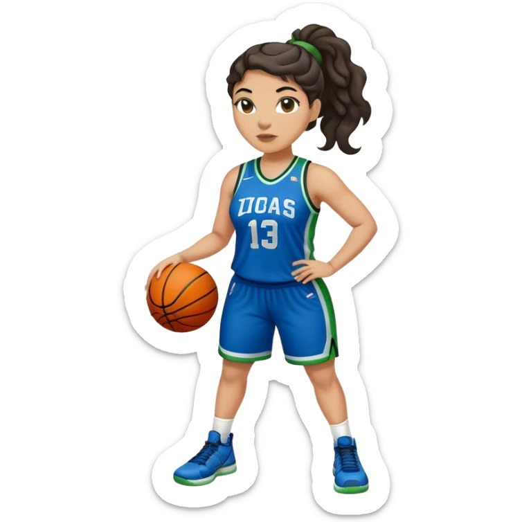 full body plus size light skin  latino women basketball player with wavy dark hair in pony tail wide nose wearing blue uniform with green accent sticker