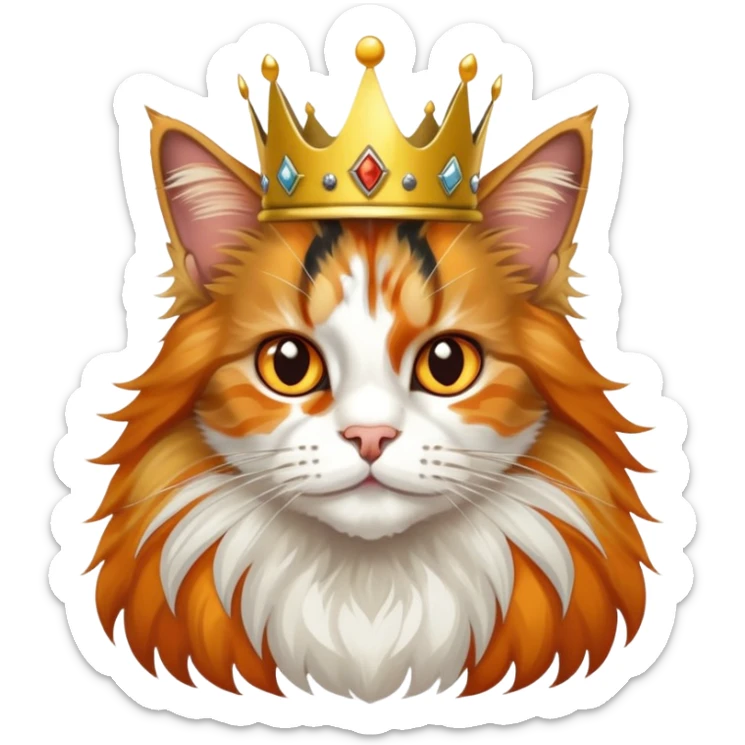 calico maine coon cat with orange, black and white patches wearing a golden crown sticker