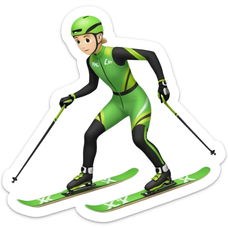 Xc ski racer in green and black clothing. Full body, skate skiing  sticker