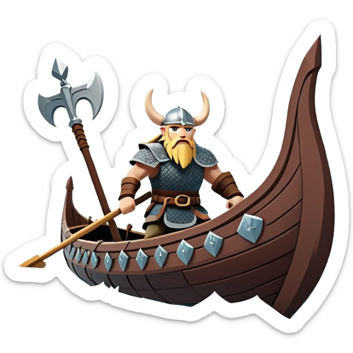 clash-of-clans-aesthetic_-cinematic-viking-longboat, rendered in a flat, bold vector style with minimal shading, featuring a striking dragon-headed prow slicing through icy, churning waters. shields on the side and vikings rowing The longboat’s intricately detailed shields and carved motifs evoke a sense of epic adventure and Nordic might, with billowing sails catching a dramatic, stormy sky backdrop. sticker