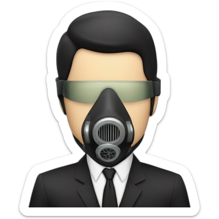 Poker face man, black hair and black gas mask on and black pant suit sticker