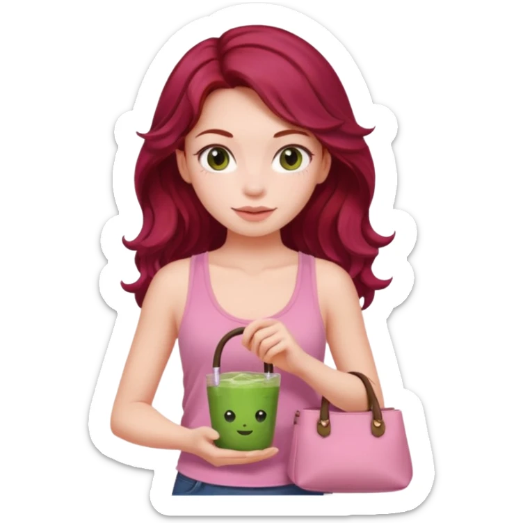 a pretty fair bratz girl with wavy dark red hair, wearing a pink tank top , carrying a matcha and a pink bag sticker