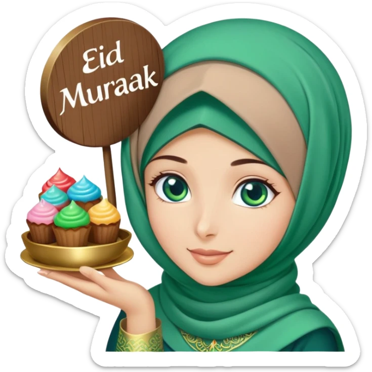 Turkish beautiful finish Konya girl blue eyes with green emerald hijab islamic dress and had on her hand text Eid Mubarak with sweets and celebrating with her friends eid days   sticker