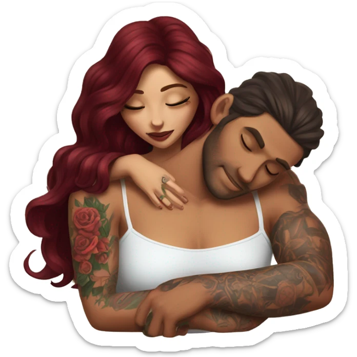 Beautiful tattooed burgundy long haired woman laying on the boyfriends chest sticker