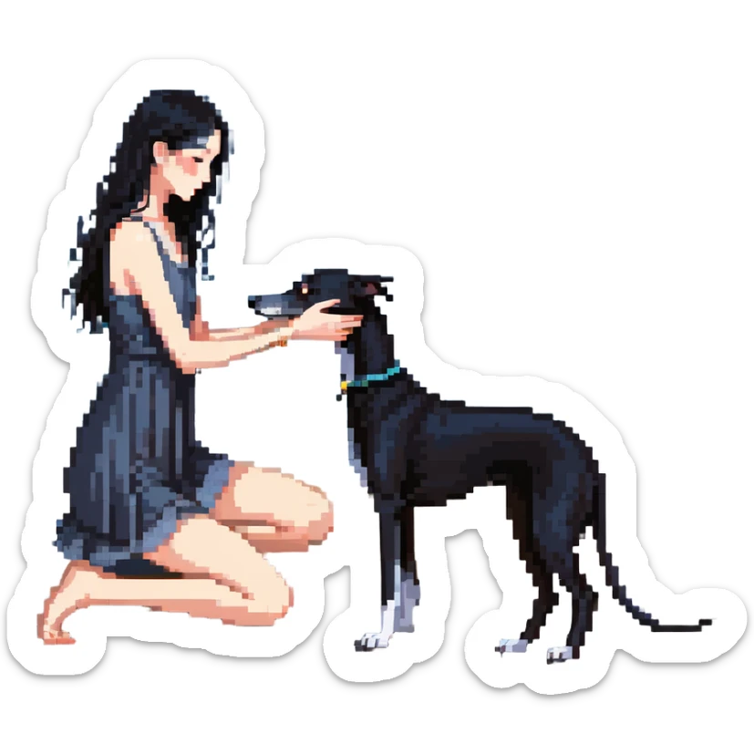 A very beautiful and attractive 25-year-old Japanese woman with long flowing black hair gently petting a SOLID DARK GREY whippet on a beach at night under a starry sky. The woman's hand is lovingly stroking the whippet. The whippet MUST be COMPLETELY SOLID DARK GREY with ABSOLUTELY NO WHITE MARKINGS ANYWHERE - no white chest, no white face, no white paws, no white tip on tail - ENTIRELY ONE SOLID DARK GREY COLOR throughout the entire dog. Deep blue night sky filled with bright stars, moonlight reflecting on the ocean, sandy beach in the foreground. sticker