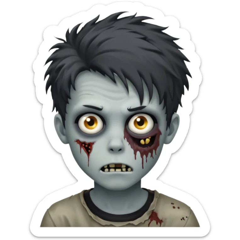 Zombie Boy with black large messy hair and teenager aparience, black background sticker