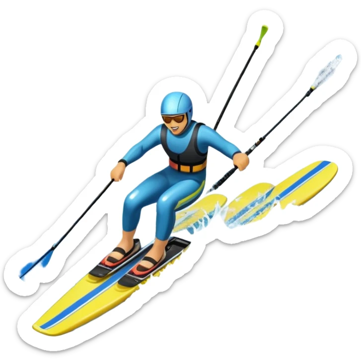An icon featuring a close-up collage of water skis, splashing water across the surface. The design highlights the motion of the skis cutting through the water. Transparent background emphasizes the thrill of water skiing. sticker