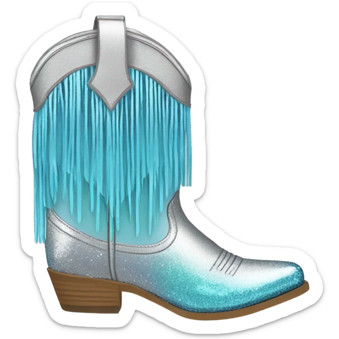 Realistic silver and pastel blue ombre pair of fashion cowgirl boots with sparkly shiny glitter fringe on them. sticker