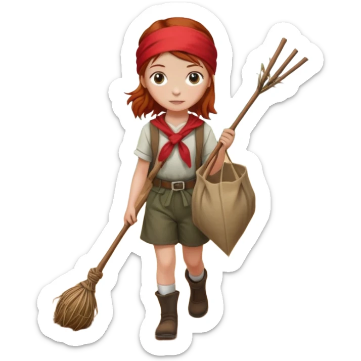 Bindle being carried by a young girl with red/auburn hair and the bindle is a long stick with a red bandana and she is walking on a dirt road sticker