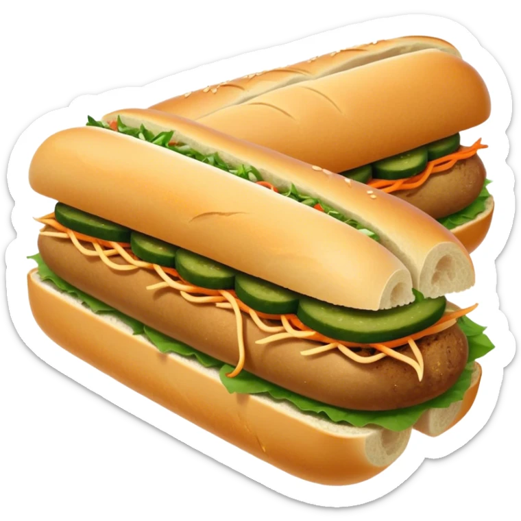 Cinematic Realistic B√°nh m√¨ Sandwich Dish Emoji, showcasing a crusty baguette filled with savory meats, pickles, and fresh herbs rendered with dynamic detail and appetizing lighting. sticker