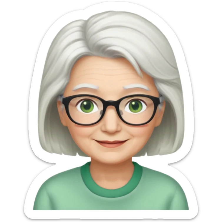 White hair grandma, green eyes, hair to shoulder, lokeg black glasses, rectangles face, smile , sticker