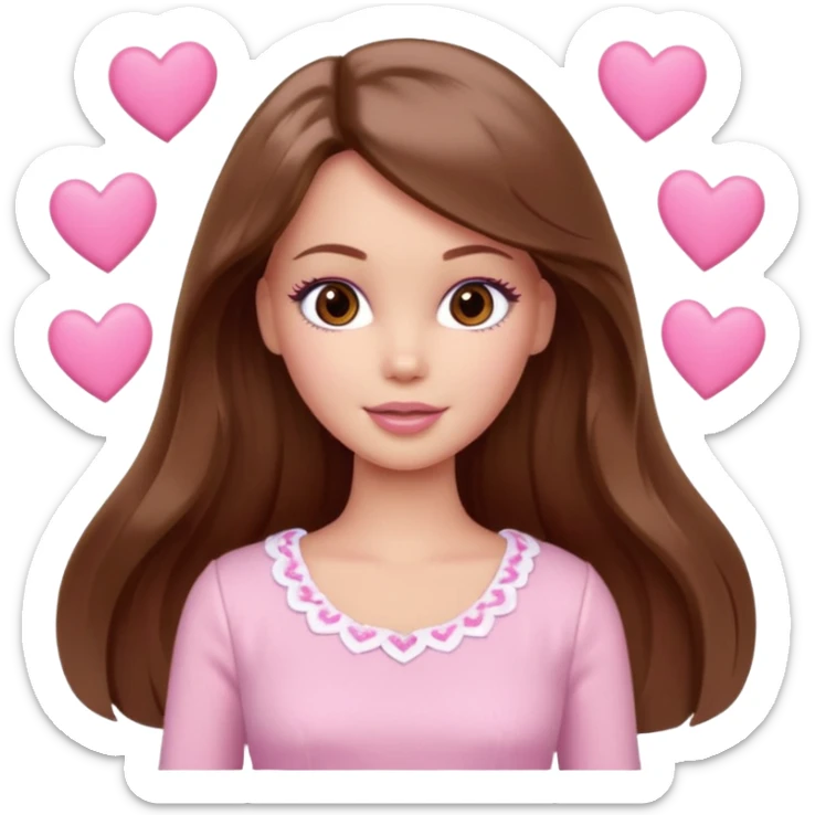 Barbie girl brown long straight wavy hair and brown eyes is In pale pink clothes There are pink hearts all around sticker