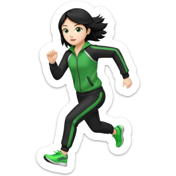 Girl with black hair and green and black track suit running sticker