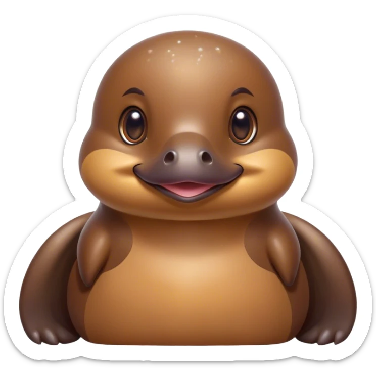 Cinematic Cute Platypus Portrait Emoji, Head tilted playfully and inquisitively, featuring a glossy brown fur with a charming, flat duckbill and round, sparkling eyes brimming with quirky wonder, Simplified yet irresistibly adorable features, highly detailed, glowing with a warm, friendly glow, high shine, affectionate and whimsical, stylized with a touch of aquatic playfulness, bright and endearing, soft glowing outline, capturing the essence of a mischievous yet lovable platypus, so playful it feels like it could waddle out of the screen into your arms! sticker