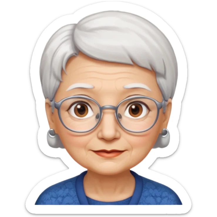 Create me emoji of an old lady. Short white hair to left side. Square glasses. Brown eyes. Rounded really big and really wide face. Wide nose.  sticker