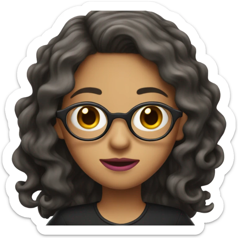 dark wavy long hair nerd girl, wearing a black dress, pink mouth sticker