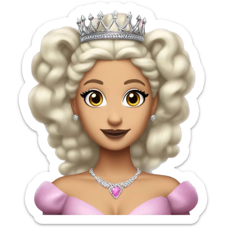 ariana grande as Galinda wicked movie, blond hair big fluffy pink dress silver crown sticker